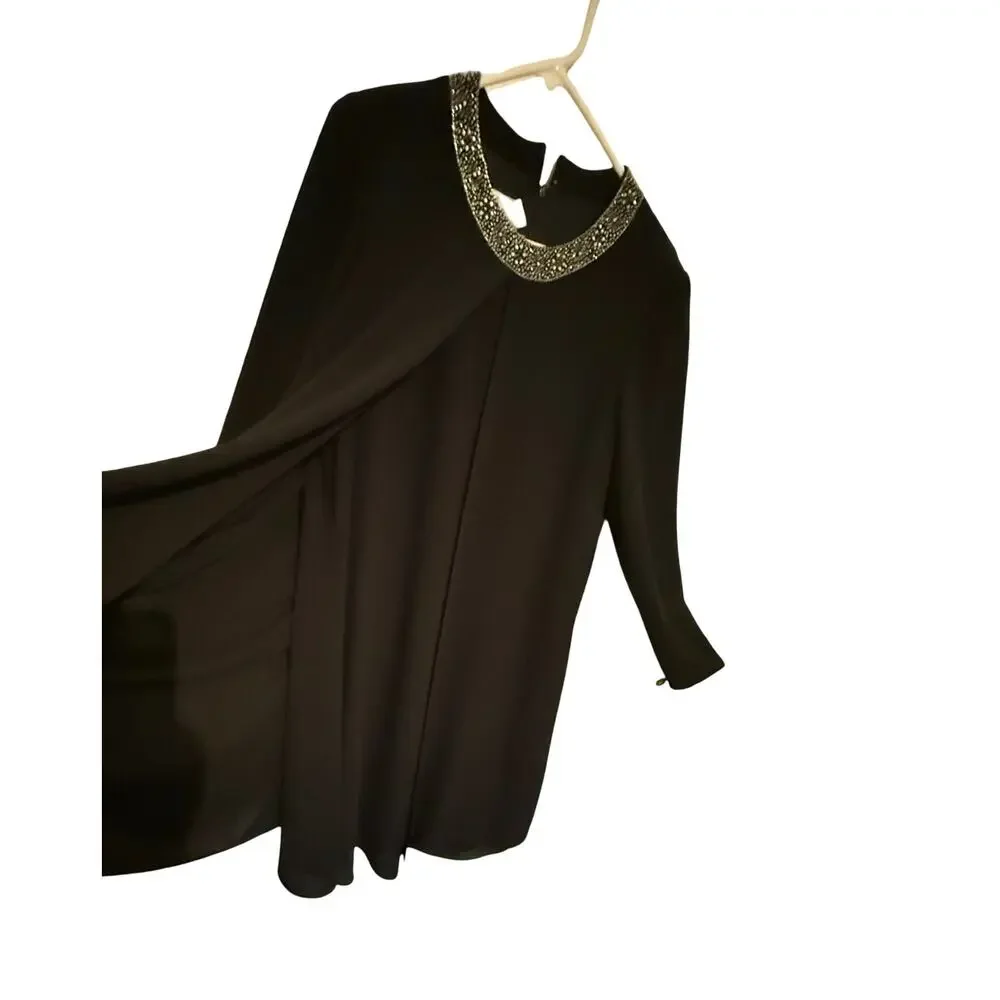 Jones New York Dress Size 12 Black Cape Swing Dress Shoulder Pads Beaded Neck - Picture 4 of 11